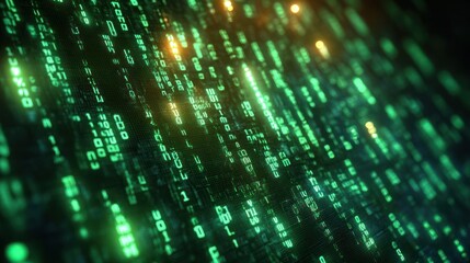 Glowing green digital code streams cascading down a dark screen representing data flow and technology with bright highlights
