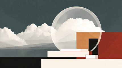 Wall Mural - Surreal house encased in a transparent bubble against a dreamy blue sky and soft white clouds. minimalist. Illustration