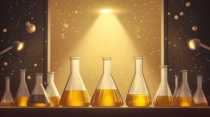 Illuminated laboratory glassware, showcasing golden liquid.