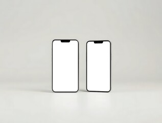Wall Mural - A Pair Of Black Smartphones, Differing In Size, Both With Notches And Blank White Screens, Stand Upright And Centered On A Light Grey Surface, Responsive Design Mockup