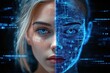 © Tatyana - Close-up of a young woman's face with one half natural and the other half overlaid with glowing blue circuit patterns and digital elements, symbolizing a blend of human and technology