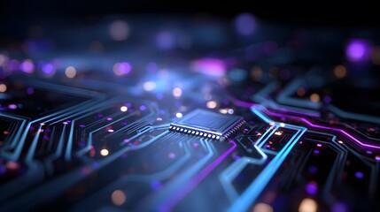 Abstract futuristic technology background with glowing circuit patterns in blue and purple neon lights, dark atmosphere and low aperture depth for modern innovation concept visuals
