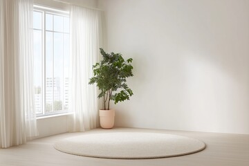 Poster - Sunlight illuminating a modern, minimalist interior with a round carpet, potted plant, sheer white curtains, and a large window