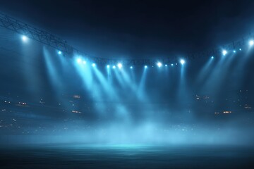 Aufkleber - Powerful spotlights illuminating empty foggy stadium field at night, creating dramatic atmosphere for upcoming event