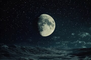 Wall Mural - close up view of the moon landscape with falling stars in a starry night sky, close up moon landscap