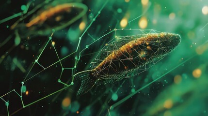 Intricate network design surrounds a fish form.