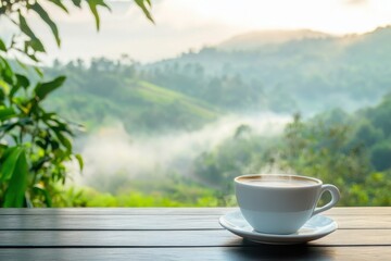 Wall Mural - Enjoying coffee while overlooking lush green countryside in early morning light, Cup of coffee on table with lush green countryside view and morning mist Relaxation concept