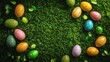 © smartcat - Colorful speckled oval eggs arranged in a circle on vibrant green grass with small leaves scattered around, evoking a festive and cheerful mood