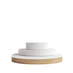 Wall Mural - Three tiered white and wood display stand isolated on transparent background