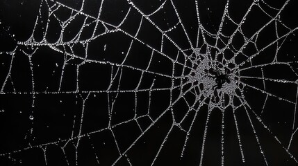 Close-up of a spider sitting in the center of its dew-covered web against a black background, revealing intricate web patterns and delicate water droplets