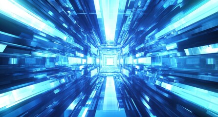 Wall Mural - Abstract digital tunnel of glowing blue geometric shapes receding into a bright center