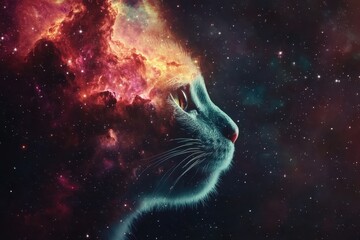 Wall Mural - cosmic cat silhouette emerges from a galactic landscape showcasing vibrant colors and swirling stars