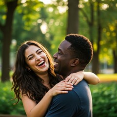Photo: Interracial Couple Laughing and Embracing in Park