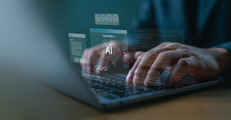 Poster - AI with web developer concept showing programmer using artificial intelligence to code and generate data. Ideal for AI tools, software development, machine learning, and tech innovation.