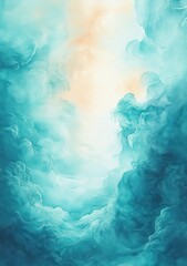Wall Mural - Soft ethereal clouds in various shades of teal and light blue, with warm sunlight subtly illuminating the center, evoking a peaceful and dreamy atmosphere