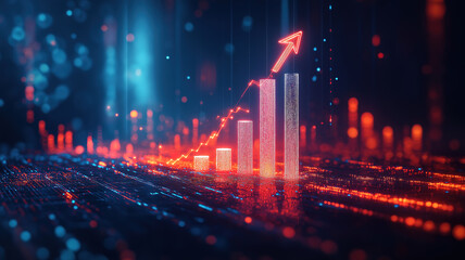 Wall Mural - glowing upward arrow surrounding a white bar graph on a dark blue background symbolizing financial p