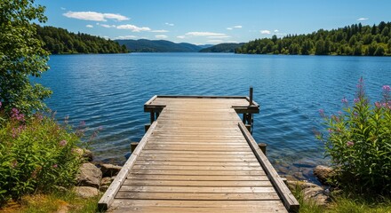 photo of tranquil wooden dock on lake with blue sky