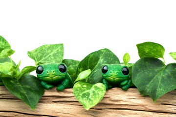 adorable green frogs peeking from lush greenery on wood