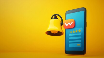 Mobile App Feedback Notification 3D Bell and Star Rating Design, App Review, Mobile UI App feedback, User review
