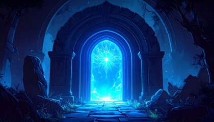 Wall Mural - a glowing blue dimensional portal in a mysterious archway