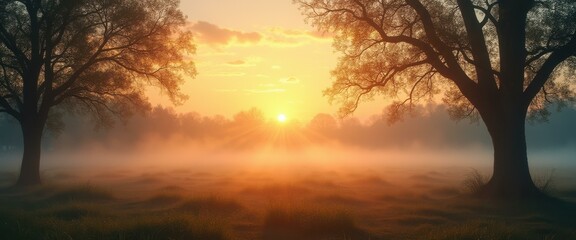 Poster - Peaceful Sunrise over a Foggy Meadow with Silhouetted Trees - Serene Landscape