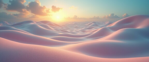 Poster - Tranquil surreal landscape with soft pink dunes under warm pastel sunlight