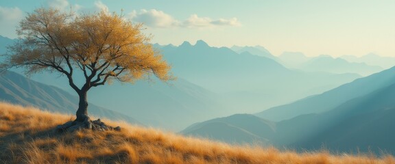 Poster - Serene Landscape with Golden Tree and Misty Mountain Views