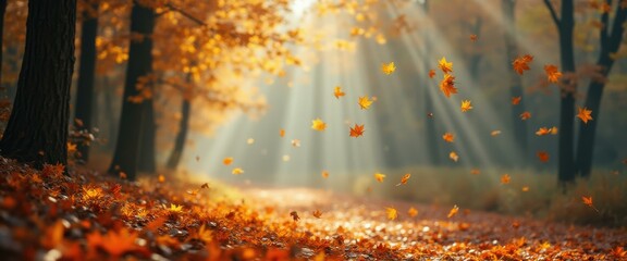 Poster - Autumn Forest Trail with Golden Leaves Falling in Sunbeams: A Serene and Scenic Landscape