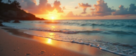 Poster - Golden Sunrise on a Serene Beach: Waves, Reflections, and Peaceful Coastline at Dawn