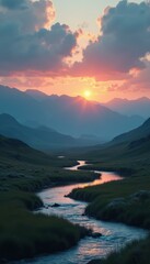 Poster - Serene valley with winding river and soft sunset light over mountain ranges, creating peaceful atmosphere.