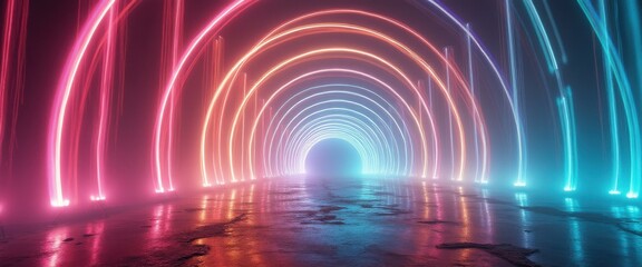 Aufkleber - Tunnel of Neon Arches with Reflected Light on a Wet Surface