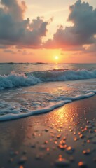 Poster - Calm waves gently washing onto a sandy beach during a serene sunset casting warm colors on the water and sand