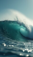 Poster - A Massive and Powerful Ocean Wave Creating a Barrel Shape with Splashing Water under Bright Sky
