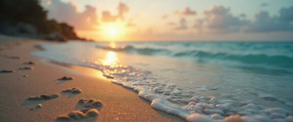 Poster - Serene Beach at Sunset with Gentle Waves and Footprints in the Golden Sand