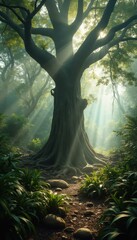 Poster - Majestic ancient tree stands tall in a serene, misty forest, with sunbeams filtering through the canopy, illuminating the lush fol