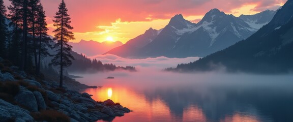 Poster - Dramatic sunset paints a serene lake landscape with fog, trees, and majestic mountains as golden light reflects on the tranquil water