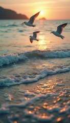 Poster - Tranquil Seascape at Sunset with Glistening Waves and Seagulls in Flight