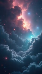 Poster - Dreamy celestial cloudscape with vibrant colors and sparkling stars creating a surreal and atmospheric visual.