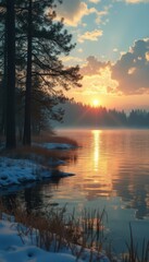 Aufkleber - Lakeside winter dawn with sun rays reflecting on water amid snow-covered banks and coniferous trees.