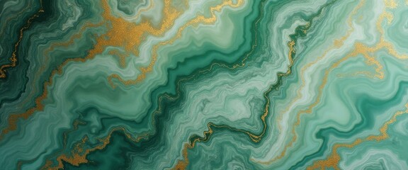 Poster - Abstract green and gold fluid art background texture of marble with dark green and white color swirls and gold leaf accents