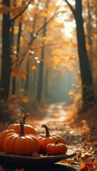 Poster - Autumn pumpkins in forest setting, with woodland path leading to sunlight and orange leaves