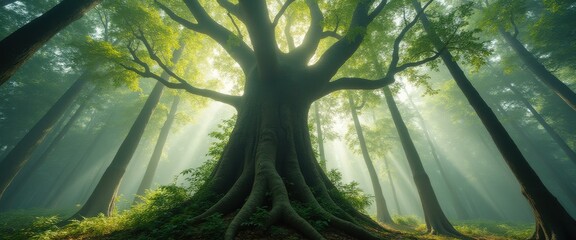 Poster - Giant Tree in Misty Forest with Sunbeams: A Serene, Enchanting Nature Scene
