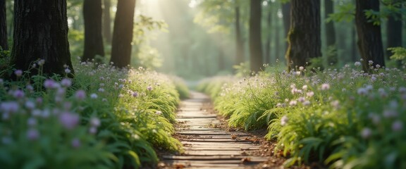 Aufkleber - Serene Forest Path with Lush Greenery and Soft Sunlight, Ideal for Nature-Themed Projects