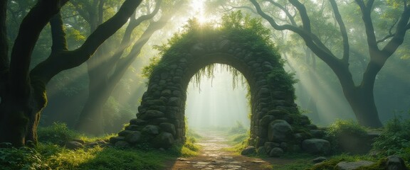 Poster - Stone archway shrouded in mist leads into a lush green forest illuminated by soft sunlight