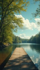 Poster - Serene lake view with a wooden dock stretching into calm waters beneath a bright blue sky and fluffy white clouds