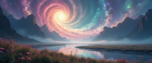 Poster - Ethereal cosmic vista with swirling celestial vortex, serene river flowing through a valley, and vibrant meadow flowers under a magical sky
