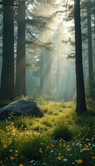 Aufkleber - Sunlight filters through misty forest of towering trees, illuminating lush meadow with wildflowers and moss-covered boulder