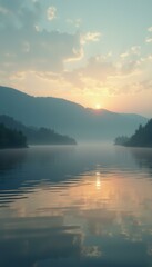 Aufkleber - Tranquil Lake Scenery at Sunrise with Reflections of Mountains, Mist, and Calm Waters