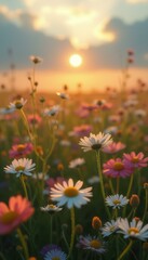 Poster - Dreamy meadow flowers at sunset with daisy petals and golden light enhancing the field's delicate beauty