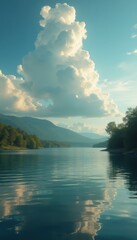 Poster - Serene Lake Landscape with Cumulus Clouds Reflecting in Tranquil Waters and Forested Shoreline